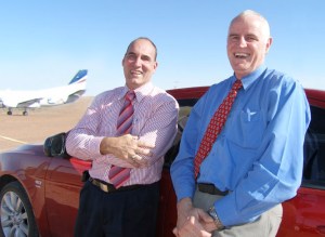 Mayor Steve Baines and Hon Rory McEwan after announcing the million dollar upgrade to Coober Pedy's airport
