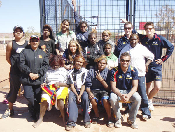 Graham Johncock, Joel Kay and Alec Henry with APY Lands students after presentation (Photo courtesy AFC)