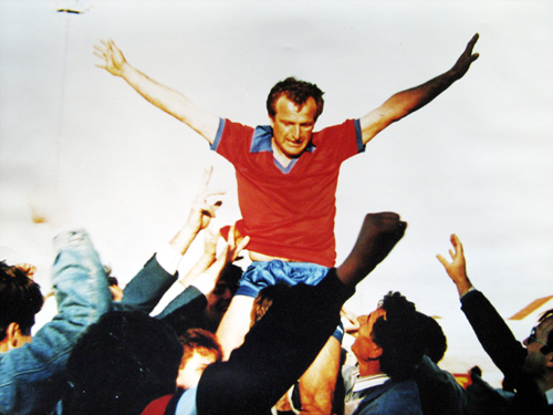 Dule Rusmir being carried off the field by the Beograd supporters after the victorious 1986 West End Cup Soccer match