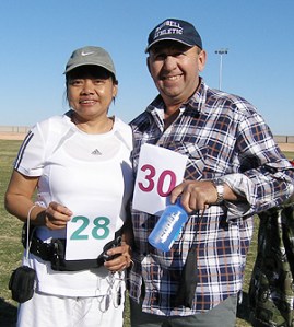 Ella Marijanovic preparing for the 15km walk and husband Drago Marijanovic all set for the 27.5km Walk at Oxiana oval