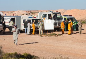 Coober Pedy Mine Rescue Services, CFS, SAAS and Police coordinate services to search for a missing man. Photo CPRT