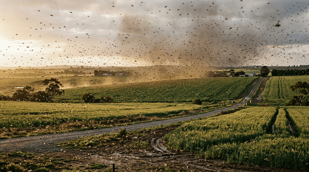 A dense swarm of locusts flying over green rural fields and roads