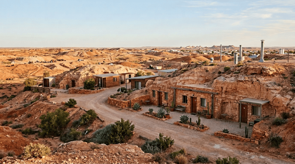 Earth-sheltered cabins and modern huts in a rugged desert landscape